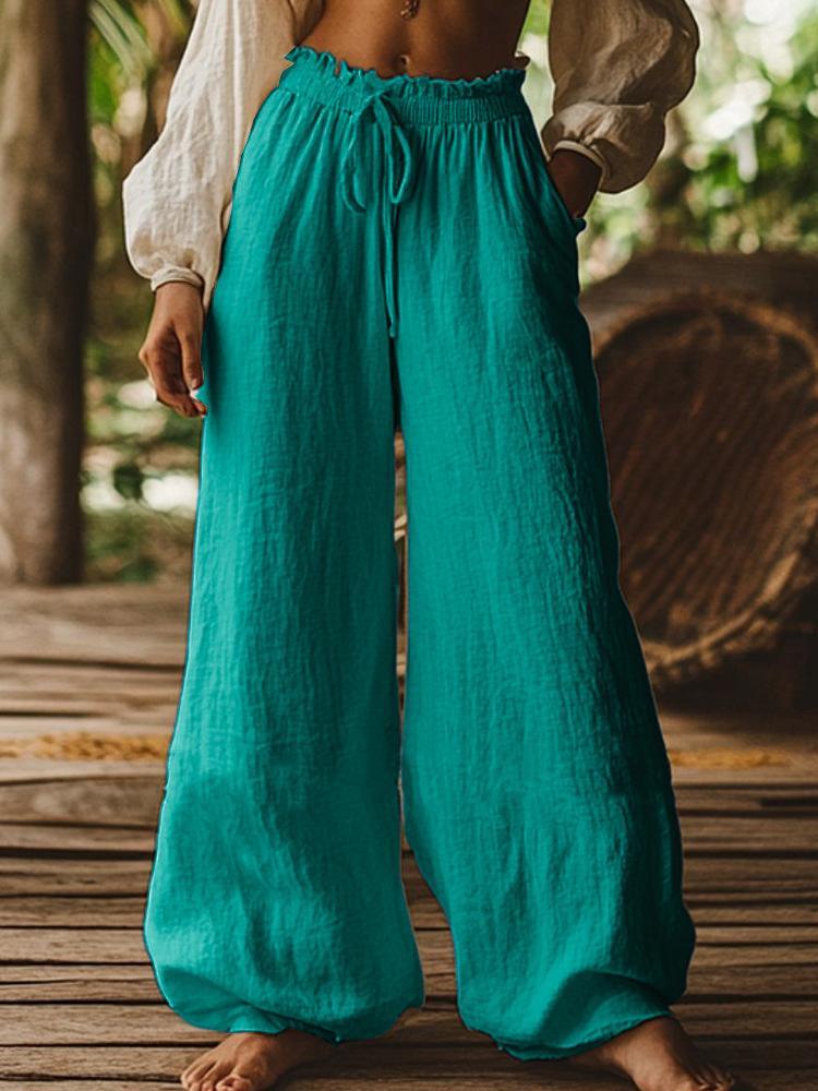 Women's High Waist Drawstring Wide Leg Pants Loose Fit Casual Trousers Multi Colors