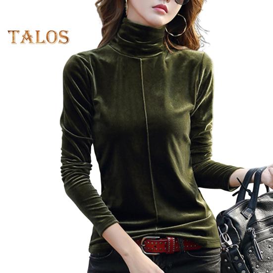 

Жіночі топи з низом і високим коміром, з довгим рукавом, пуловер стандартного крою, осінь-зима, потовщена оксамитова блузка 2XL зелений