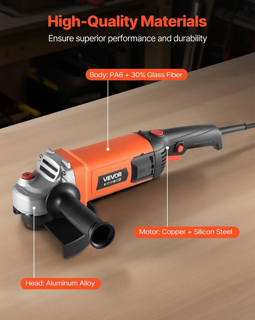 Angle Grinder, 177.8mm Electric Grinder Power Tool, 8.2Amps 8500RPM High-Speed Corded Angle Grinders with Adjustable Dust Guard for Metal Grinding,