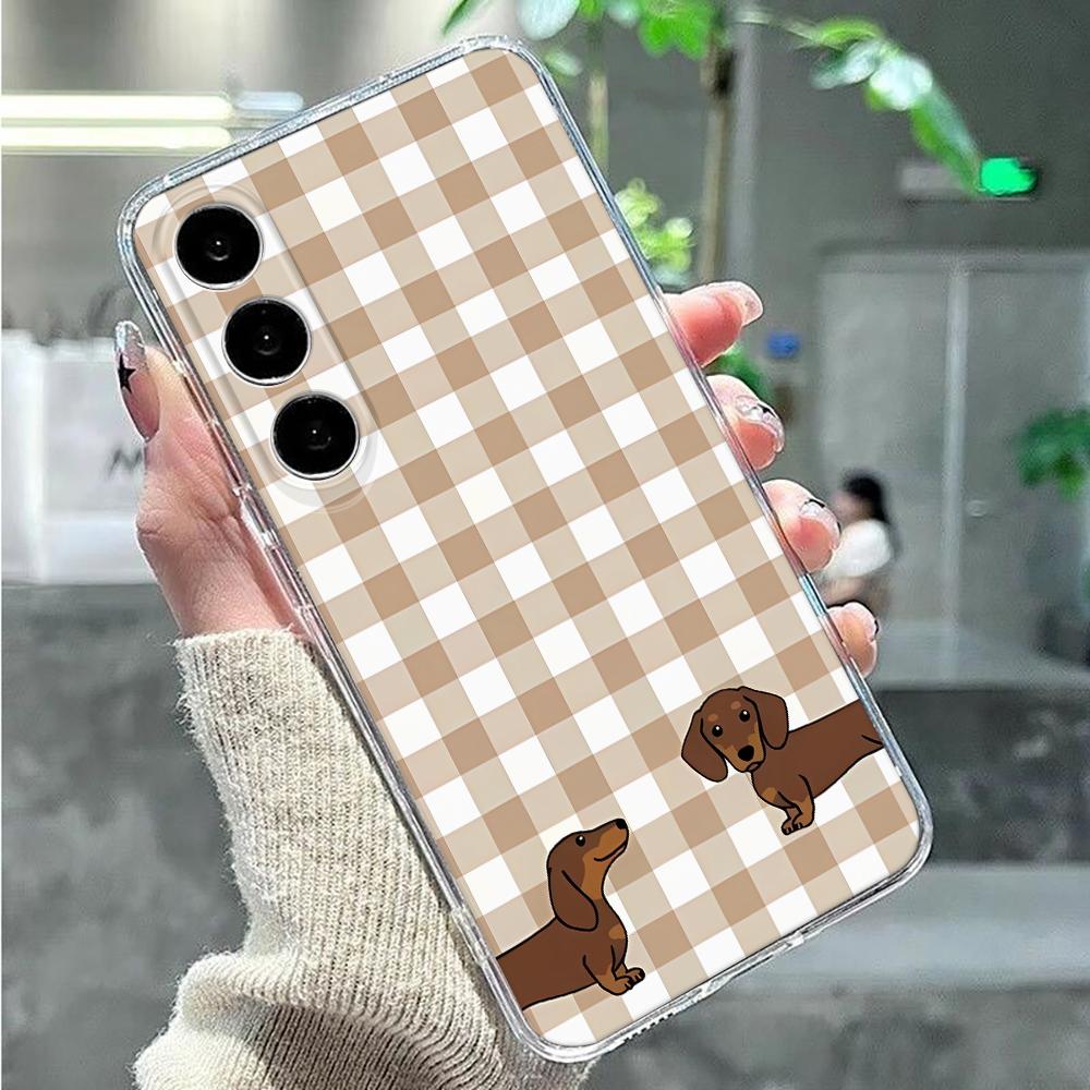 Anti-Fingerprint White-Brown Plaid Dachshund Phone Case For Samsung S20 Plus S21 S22 S23 S24 A14 M53 5G M23 5G Tpu Funda