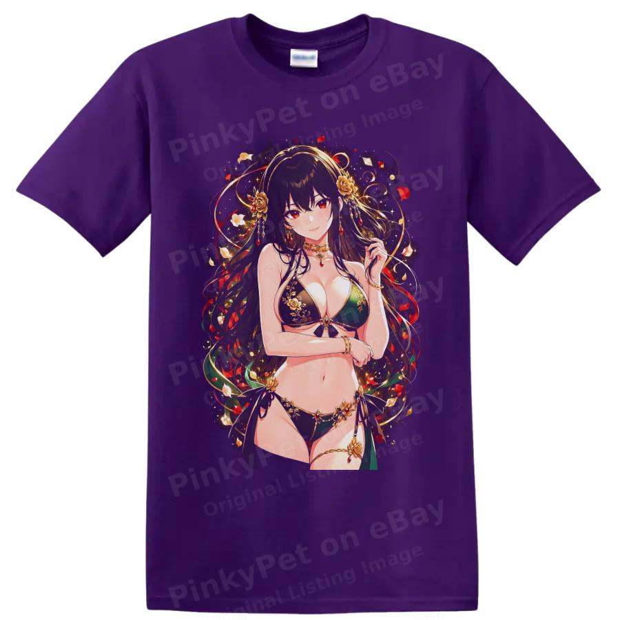Anime Girl Bikini T Shirt Floral Rose Fantasy Glamour Art Graphic Tee Gift Top