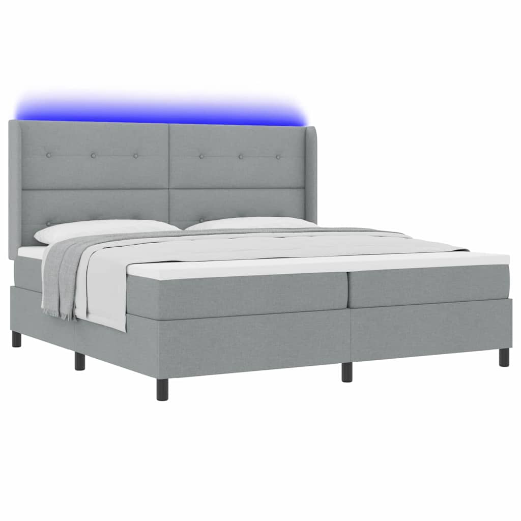 LED Boxspring Bed with Headboard Light Gray 200 x 200 cm Fabric