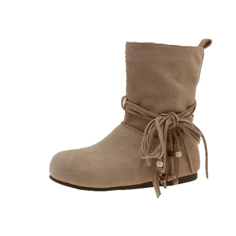 Little thick-legged savior! Vintage western cowboy boots, round-toed thick-heeled frosted fringed boots, fall and winter cowhide mid-leg boots