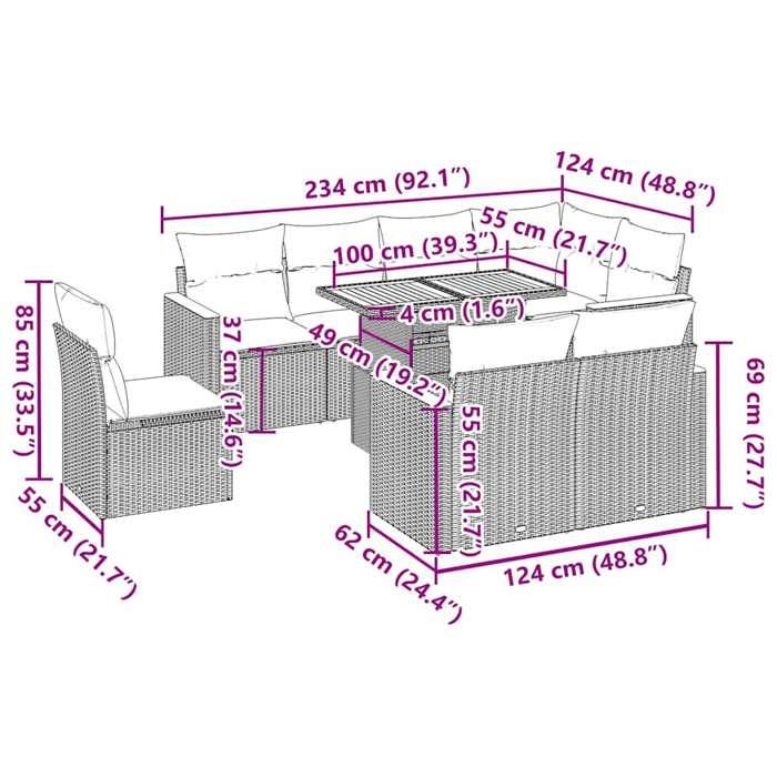 VidaXL Garden Lounge Set 9 Pcs with Grey Cushions Wicker, Outdoor Sofa Set, Corner Sofa Set 3327505