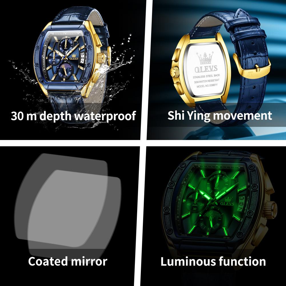 OLEVS Brand Watch Men's Business Quartz Watch Multi Functional Leather Strap 3661