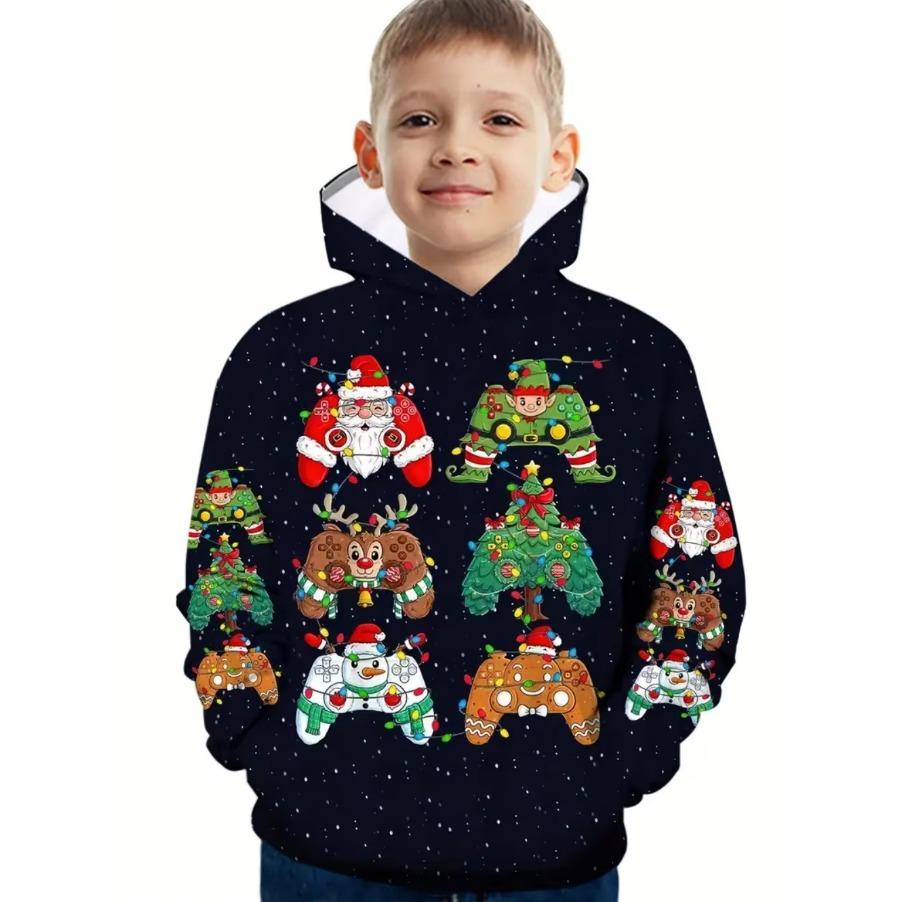 Sudadera con capucha navideña para niños Estampado de Papá Noel Sudadera de moda de dibujos animados para niño niña Ropa infantil para fiesta navideña