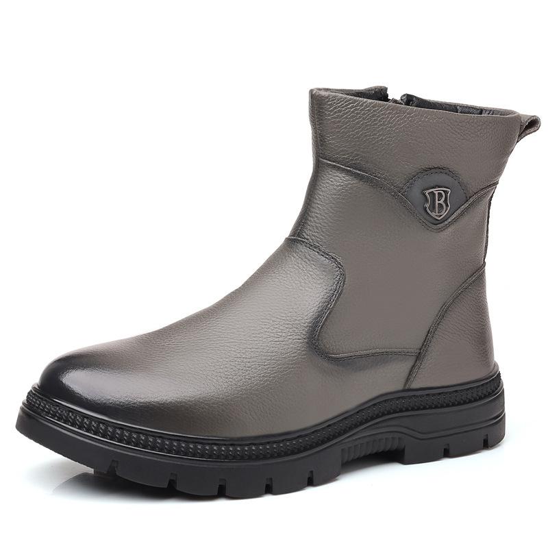 Winter First Layer Cowhide Men's Cotton Shoes Wool Snow Boots Velvet Warm Leather Boots Genuine Leather Middle-aged Leather Shoes Men's Shoes Thick