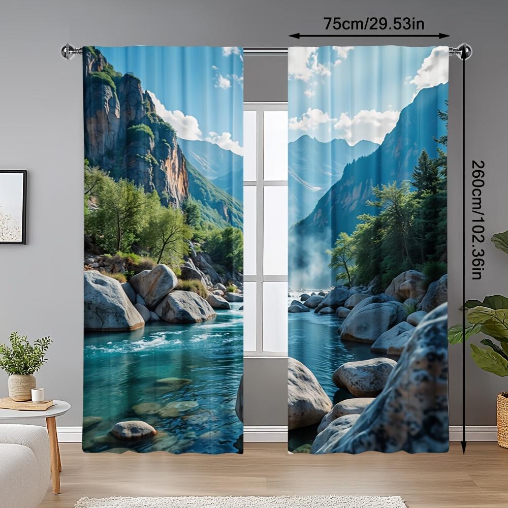 2pcs Blue Mountain Water Scenery Printed Door & Window Curtains U2013 Stylish Rod Pocket Window for Bedroom   Office   Living Room