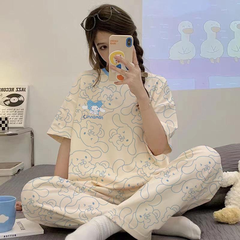 Spring and autumn summer pure cotton pajamas women's short-sleeved trousers round neck pullover cartoon bear imitation cotton women's loungewear suit