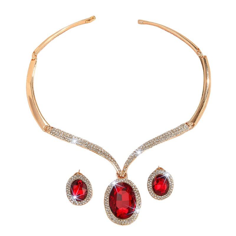 Set Collana e Orecchini in Lega di Zinco Dorata con Strass Bianchi e Cristallo Rosso Gioielli da Donna