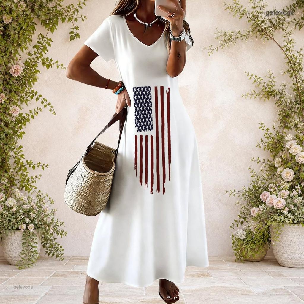 Women Plus Size V Neck Short Sleeve Printed Navy Blue Straight Long Maxi Dress