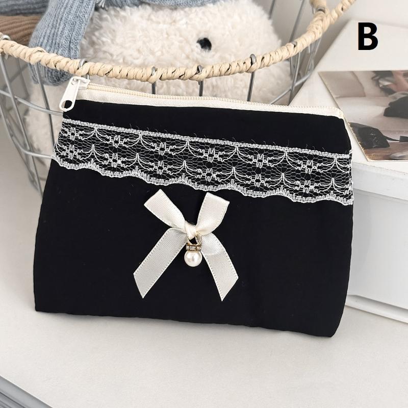 

Black Lace Bow Makeup Bag Large Capacity Toiletry Bag Travel Cosmetic Organizer Cute Korean Portable Pouch For Women