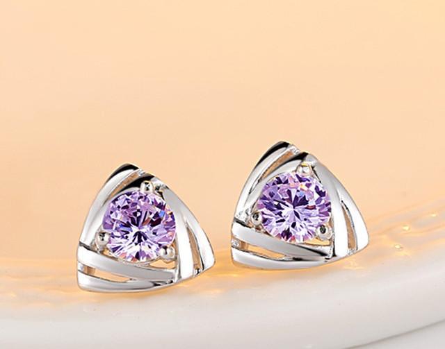 

100% стерлингового серебра 925 пробы хрустальные треугольные серьги-гвоздики для женщин корейские дети предотвращают аллергию Pendientes Pendientes фиолетовый