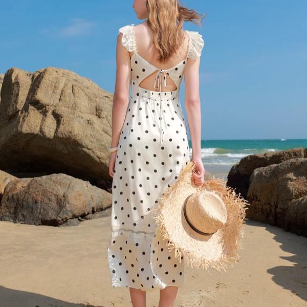 Elegant French White Polka Dot Suspender Dress - Summer 2025 Waist-Cinching Slimming Design