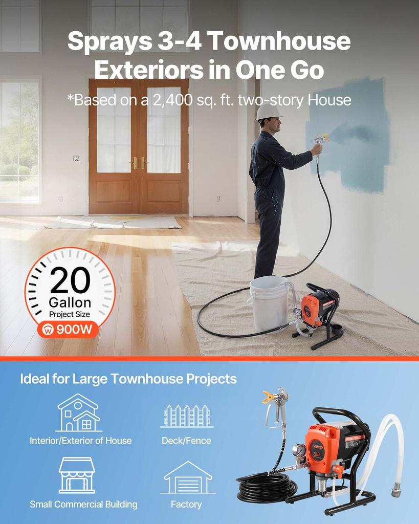 Stand Airless Paint Sprayer, 900W, 3300PSI High Pressure Airless Sprayer, Cleaning Brush, Hose, Extension Rod, Nozzles, Electric Spray Paint Machine