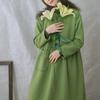 Frauen Grün Vintage Kleider Langarm Taschen Winter Warme Dicke Roben Hohe Taille Kleid
