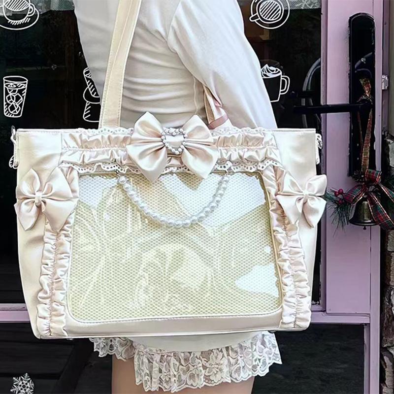 Lolita Style Bow Decor Ita Bag Women Pearl Lace Trim Japanese Transparent Window Shoulder Bag Display Badge Cute Ruffle Handbag