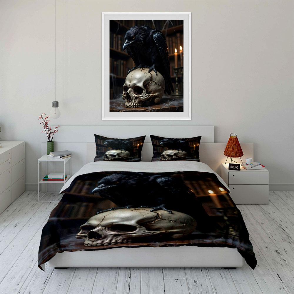 Raven On Skull Gothic Artwork Bedding Duvet Cover Set (1*Duvet Cover 2*Pillowcases, Without Duvet Insert)