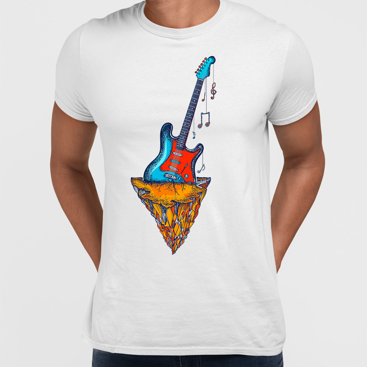 

Retro Old Skool Guitar Mountains Rock Music Print Tops S белый