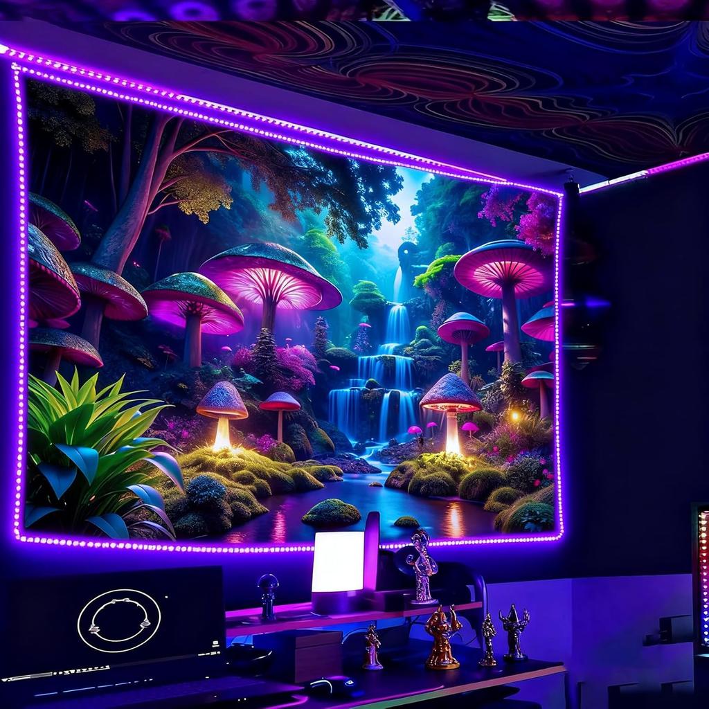 Miytal Blacklight Fantasy Mushroom Waterfall Tapestry – UV Reactive Neon Forest Wall Hanging, Glow In the Dark Nature Art Décor for Bedroom,