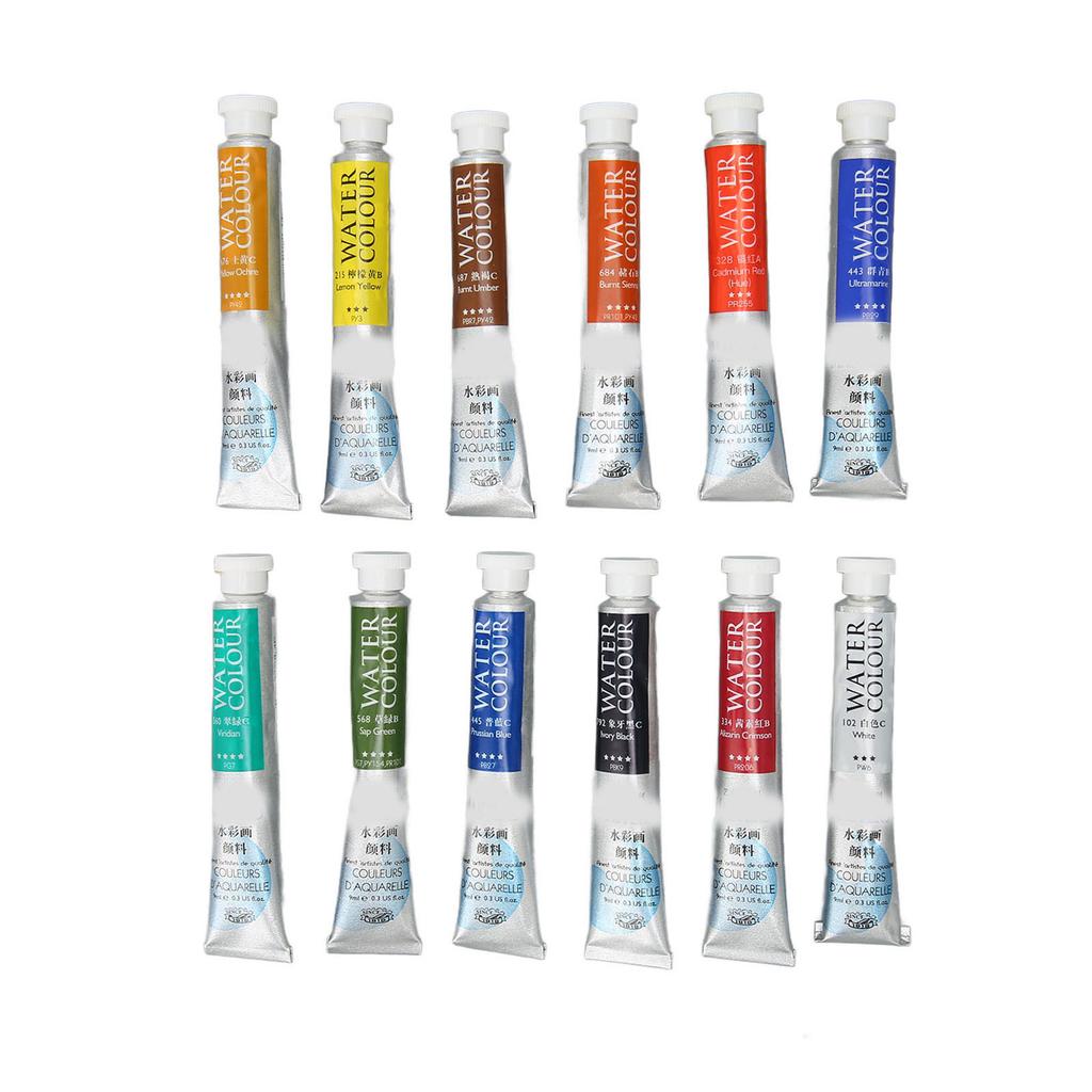 Water Color Paint 12 Colors 9ml Tube Bright Vibrant Nice Transparency Watercolor Paint Set for Artist Painting