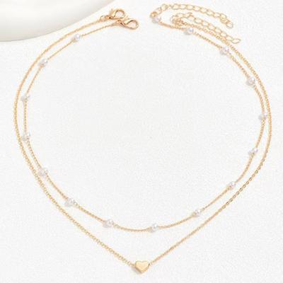Women Necklace Faux Pearl Decor Heart Pendant Double-layered Lady Clavicle Necklace Daily Prom