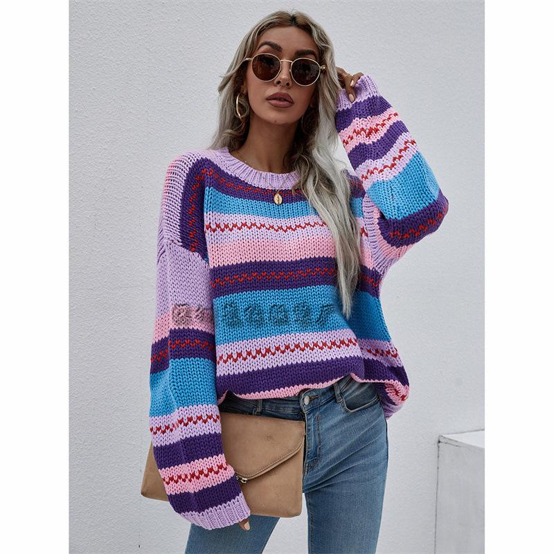 Autumn New Women's Clothing Rainbow Intercolor Knitted Sweater Pullover Women's Clothing Loose Sweater Women