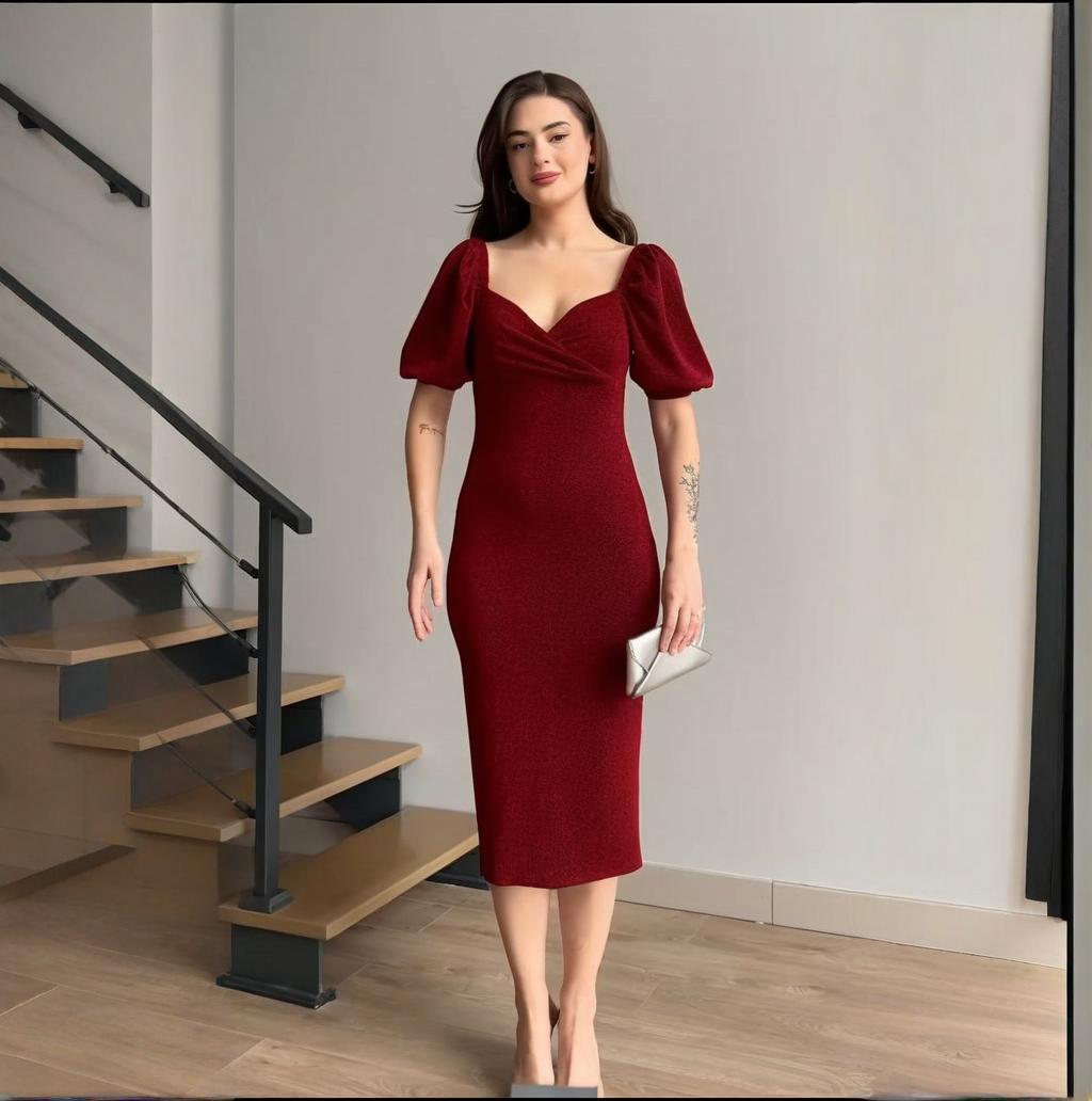 

Летнее платье 2025 года в европейском и американском стиле с квадратным вырезом, приталенное, с разрезом - Женское сексуальное платье с коротким рукавом, средней длины L кирпич красный