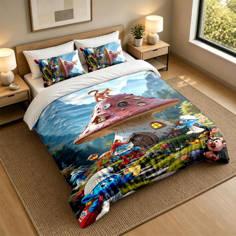 3Pcs Bedding SetSmurfs Cute Soft Bed Sheet and Two Pillowcases Home Bedroom Decor