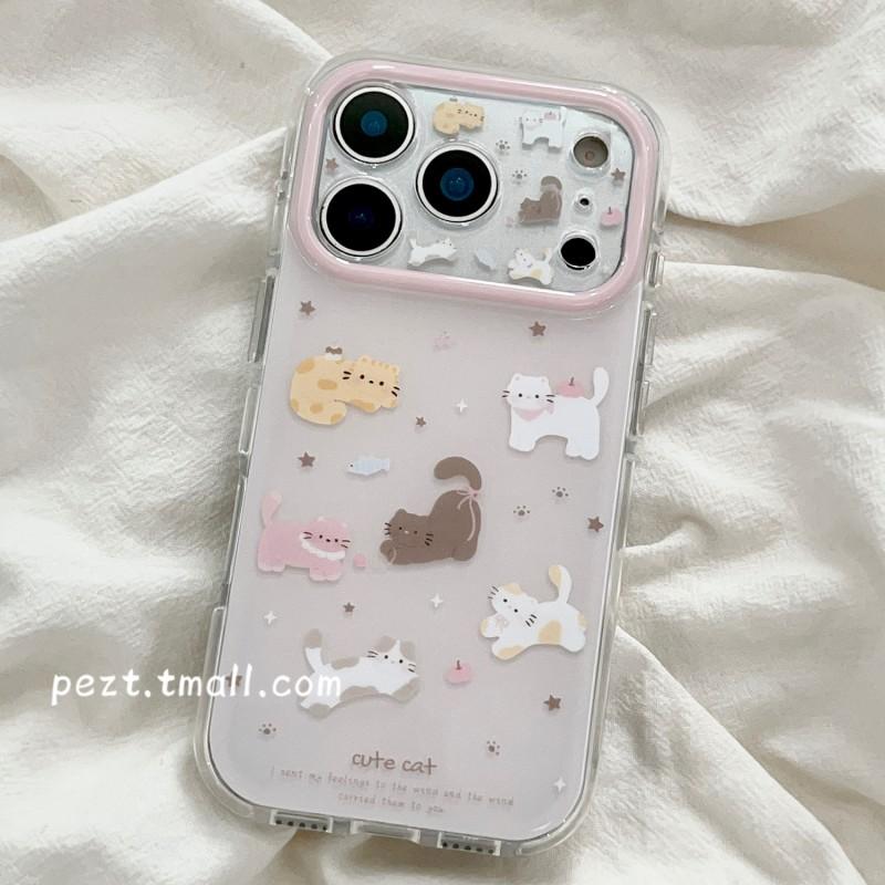 Cute Cartoon Cat Phone Case With Wrist Strap IPhone 17 Pro Max 16 15 14 13 12 Full Coverage Shockproof Silicone Cover
