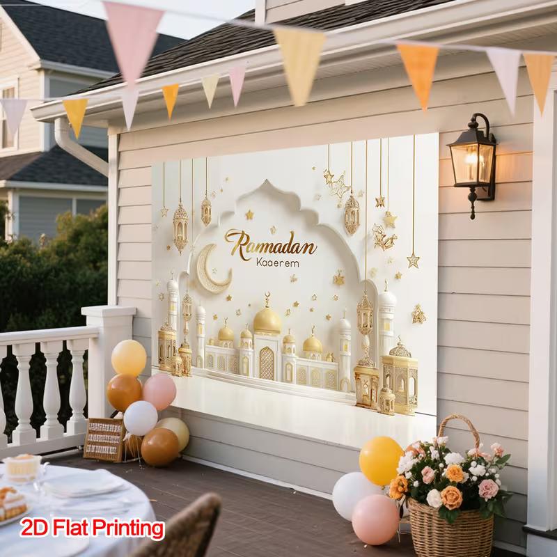 2D Elegant Ramadan Wall Decor, Gold Lantern & Mosque Silhouette Banner