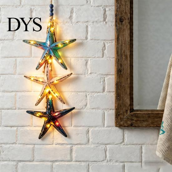 Waterproof LED String Lights Lighted Wooden Fish Starfish Wall Decor, Beachy Decor with Warm LEDs, Bathroom And Bedroom Coastal Nautical Hanging