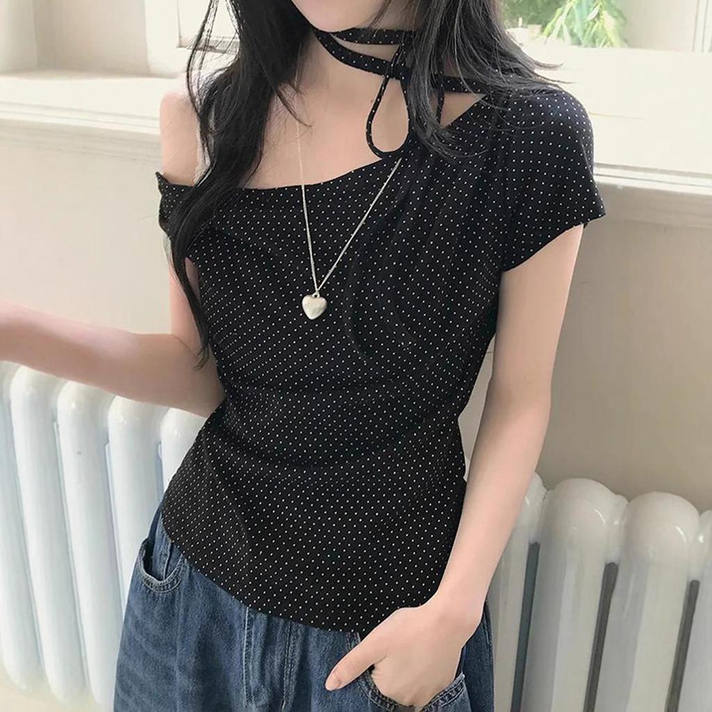 Sweet Girl Contrasting Polka Dots Asymmetrical Off-the-shoulder Lace-up T-shirt Women's Summer Korean Versatile Slim Slanted Shoulder Top