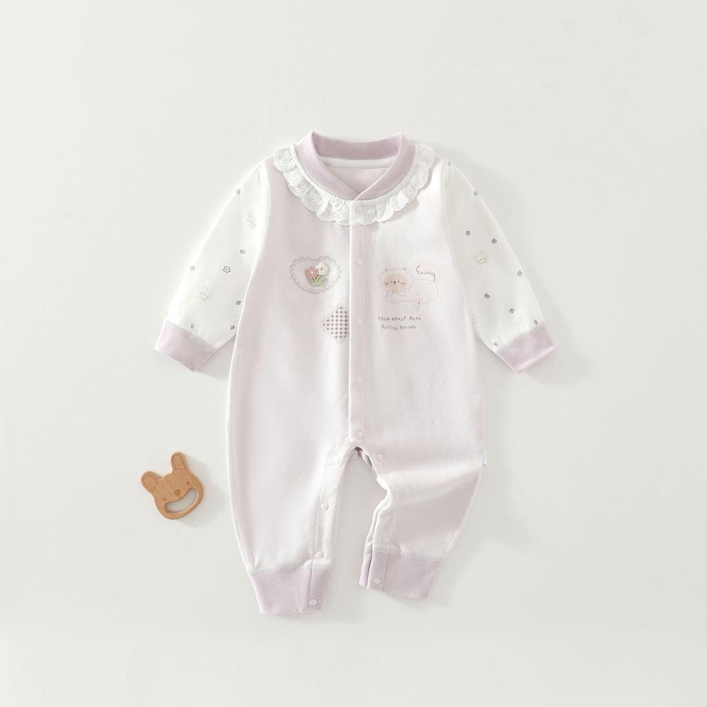 Cotton Lace Trim Long Sleeve Newborn Bodysuit Pajamas