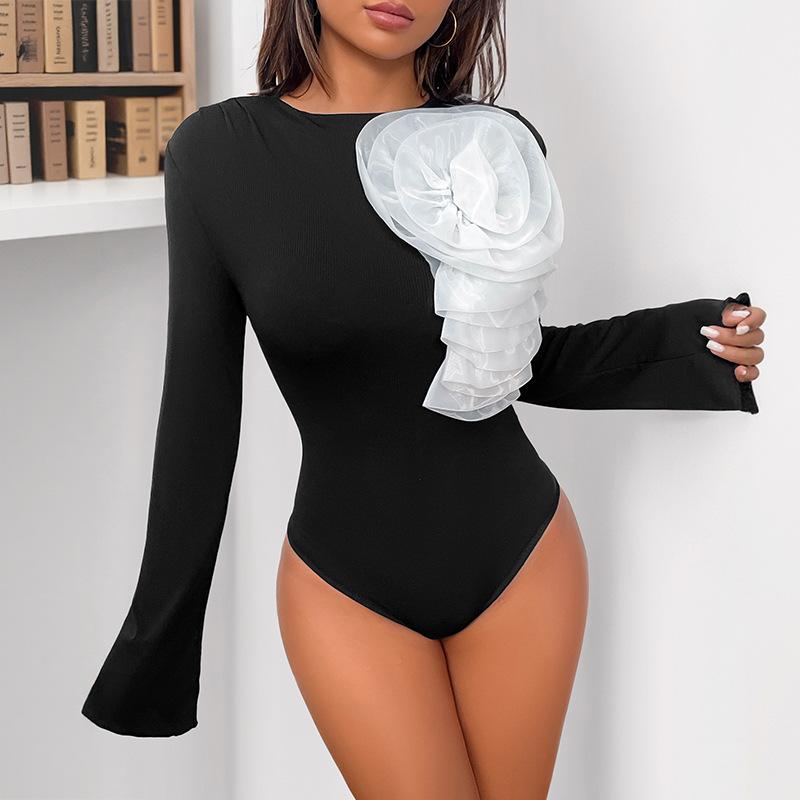 2025 Neues Süßer Stil Design Dreidimensionale Blumendekoration Schwarzer Langarm-Jumpsuit