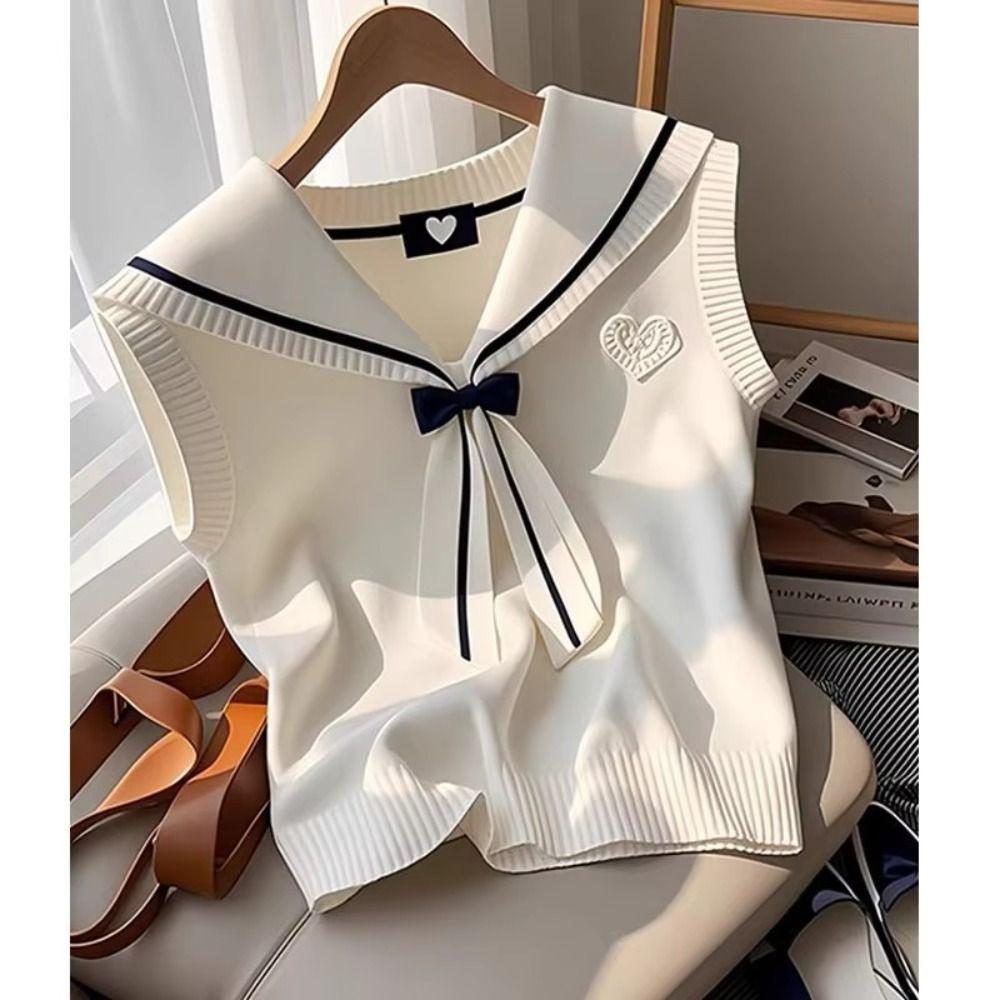 Commute Style Sweet Sailor Collar Top Vintage Design Chic Bow Top New Waistcoat  Summer