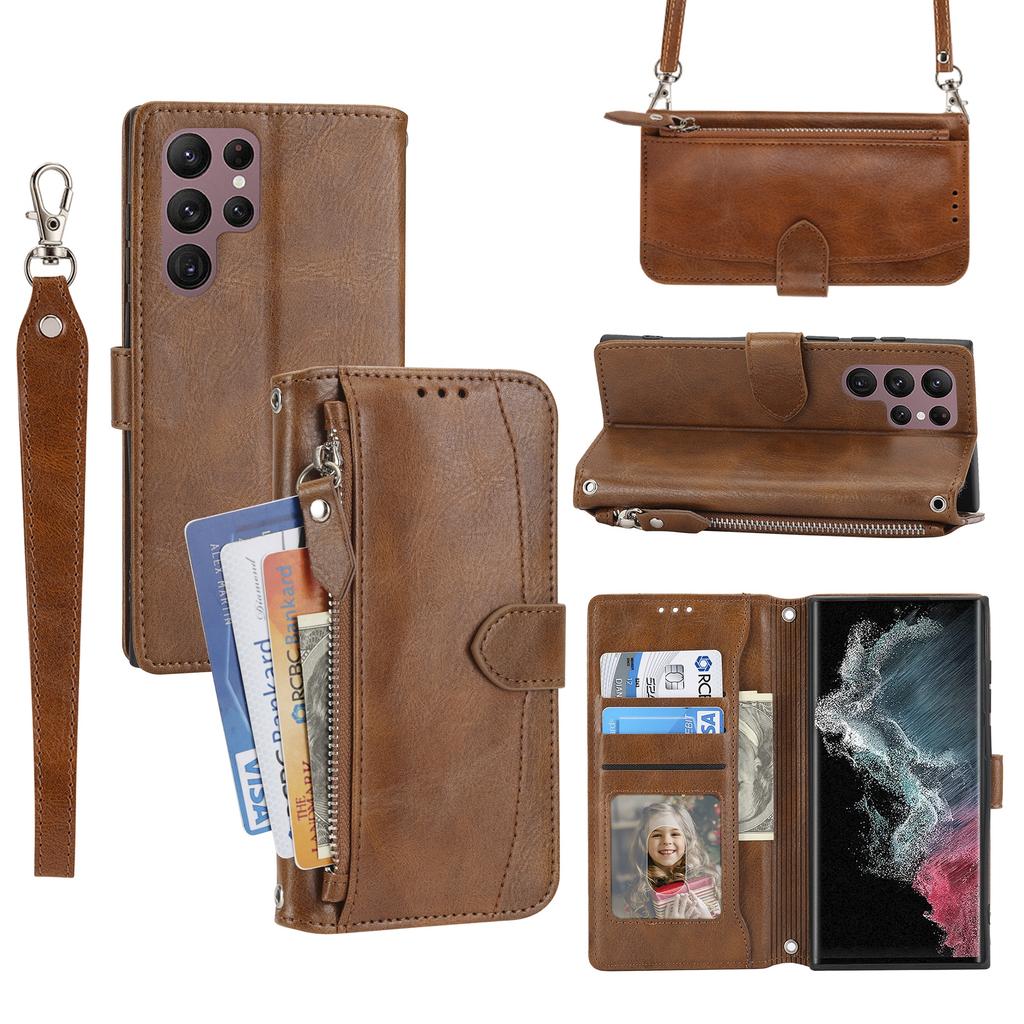 For Samsung Galaxy S25 Ultra Case Zipper Pocket Leather Phone Cover with Crossbody Shoulder Strap
