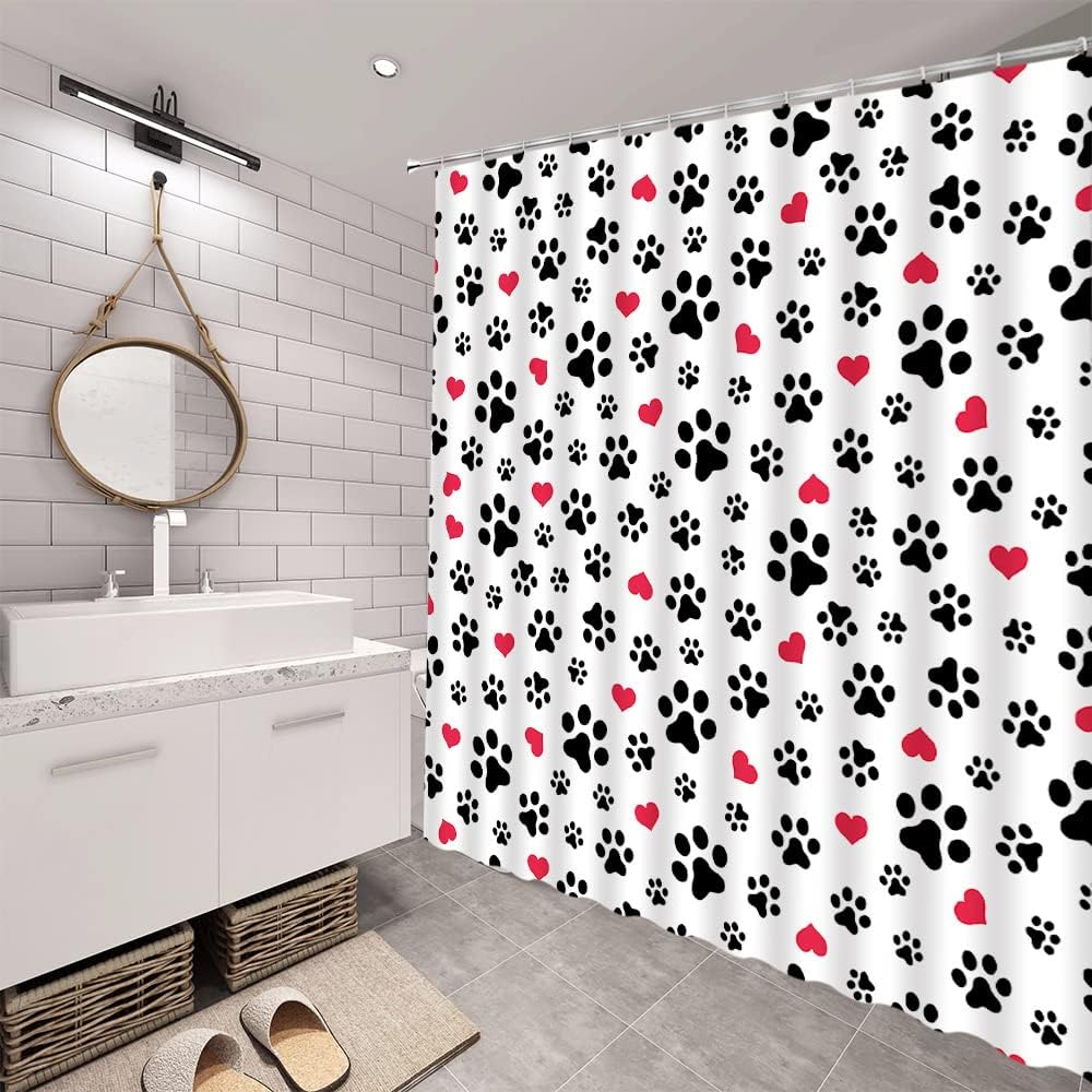 Dog Paw Print Shower Curtain Pet Lovers Cute Kitten Cat Footprint Red Love Heart Abstract Geometric Drawing Style Animal Decor Boys Girls Polyester