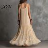Light Beige Skirt Summer Ruffle Tiered Swing Dress for Women, Boho Beach Daily Outing Flowy Maxi Sundress, Sleeveless A-line Loose Long Casual