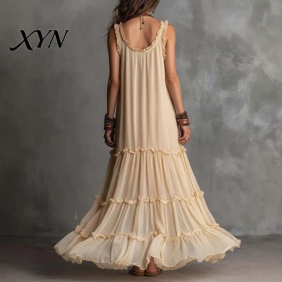 Light Beige Skirt Summer Ruffle Tiered Swing Dress for Women, Boho Beach Daily Outing Flowy Maxi Sundress, Sleeveless A-line Loose Long Casual