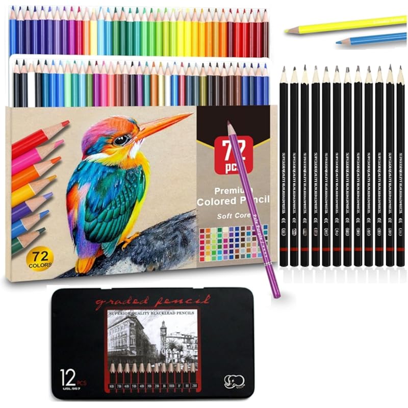 Corslet Set Of 84 Drawing Kit 72 Pc Colour Pencils Set 12 Pc Drawing Pencils For Sketching Shading Coloring Pencils For