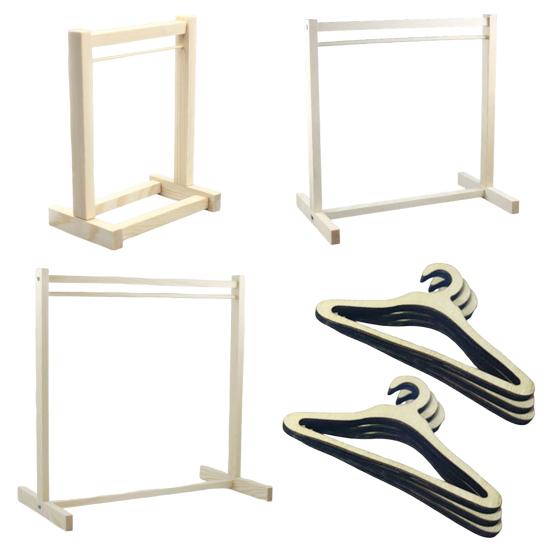 Doll Clothes Rack with Mini Hanger Wooden Girl Doll Garment Display Organizer Rack Dollhouse Clothing Wardrobe Furniture Accessories