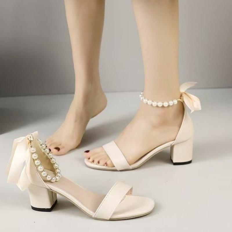

Super fairy temperament high heels women s summer new with skirt bow pearl thick heel sandals 35