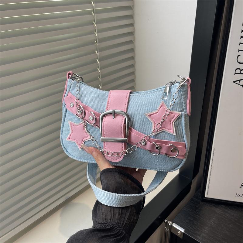Modna jeansowa torebka na ramię z łańcuszkiem i nitami w kształcie gwiazdy dla kobiet - Jesień 2025