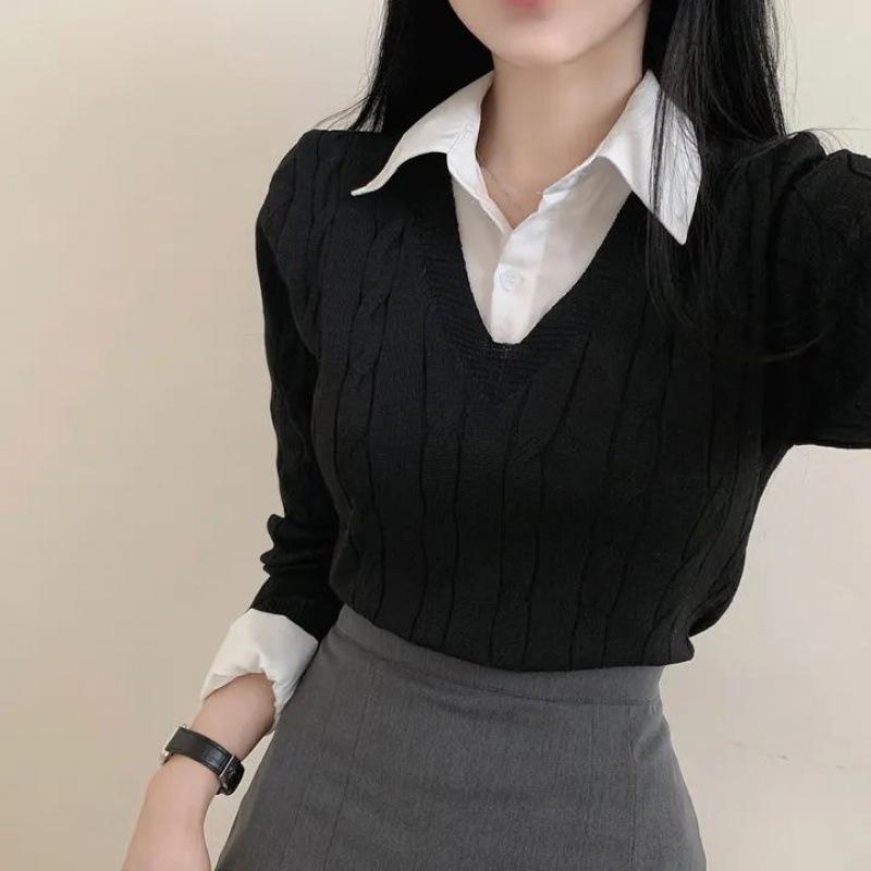 Women s Korean-Style Shirt Collar Patchwork Knit Pullover - 2026 Spring/Autumn Collection One Size