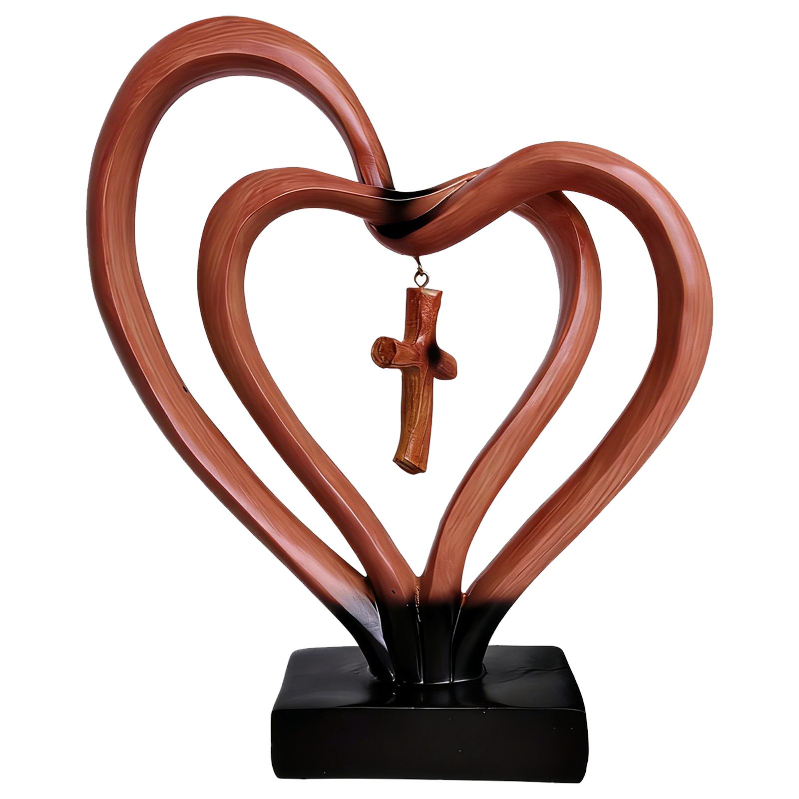 Entwined Hearts with Jesus Cross Decorations Resin Keepsake Symbolizing Husband Wife and God Entwined Hearts Religious Sculpture коричневый