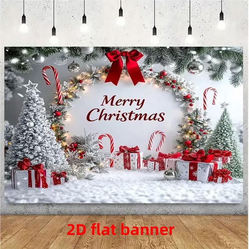 2D Red White Merry Christmas Backdrop with Trees and Gifts Banner 47.2x31.5inch/120*80cm