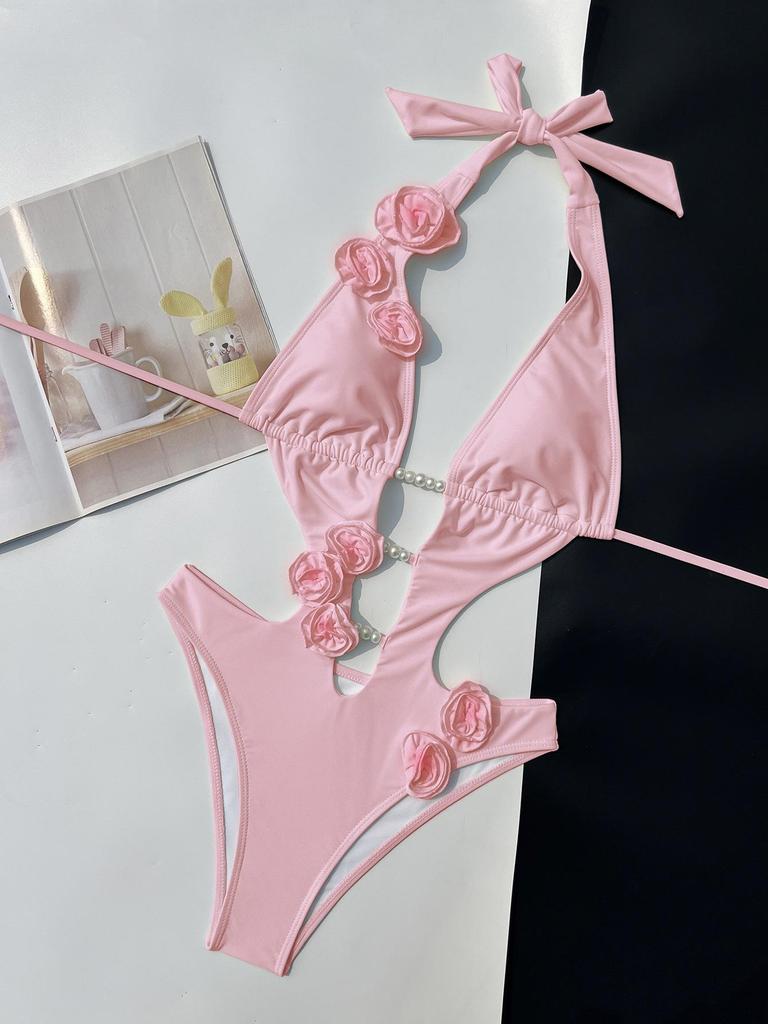 Einfarbiger Bindebikini mit Perlenblumen-Dekoration für Damen