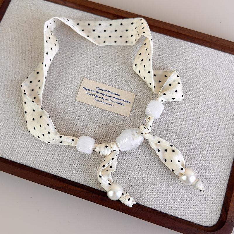 Fashion Black White Polka Dot Scarf Necklace for Women Boho Imitation Pearl Adjustable Neck Chain Hawaiian Jewelry Accessories