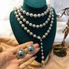 Western Grey GlassLong Necklace Sweater Chain Baroque Vintage Stud Set